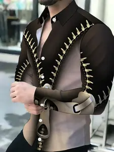 Mock Zipper Print Ombre Men's Breathable Lapel Long-Sleeved Cardigan