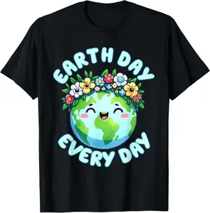 Earth Day Everyday Cute Earth Wearing Flowers Crown T-Shirt Pure Cotton Graphic Tees Menswear Top: Gifts for Men & Women