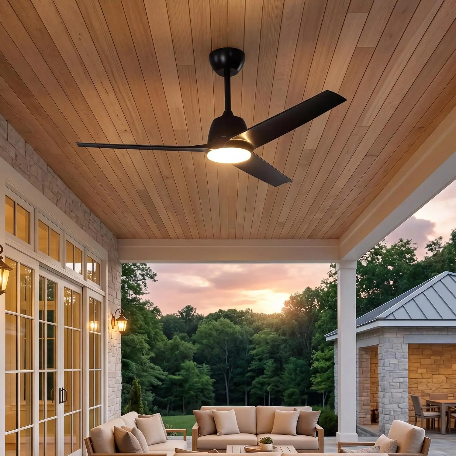 Tribesigns 52" Outdoor Ceiling Fans with Lights and Remote, IP66 Waterproof Ceiling Fan With 2 Downrods, 3CCT, Stepless Dimming, Reversible DC Motor, 6-Speed Quiet Hanging Fan for Patio, Porch, Black