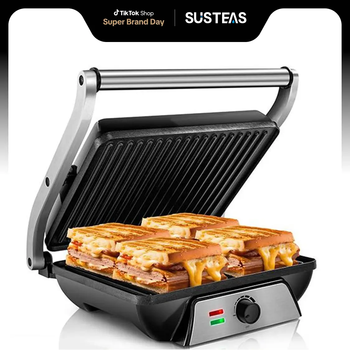 SUSTEAS 3-in-1 Electric Indoor Grill - Panini Press with Non-Stick Cooking Plates, Opens 180-Degree Gourmet Sandwich Maker, Floating Hinge Fits All Fo