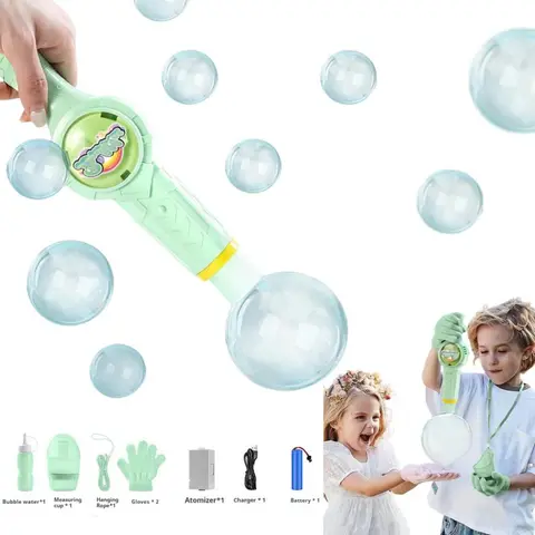 Unisex Rechargeable Elastic Smoke Bubbles Machine for Ages 12+, Playful Outdoor Plastic Toy with Lights, Sounds, Gloves, Spill-Proof Cup, Safe Bubble Solution, Green & Pink Design