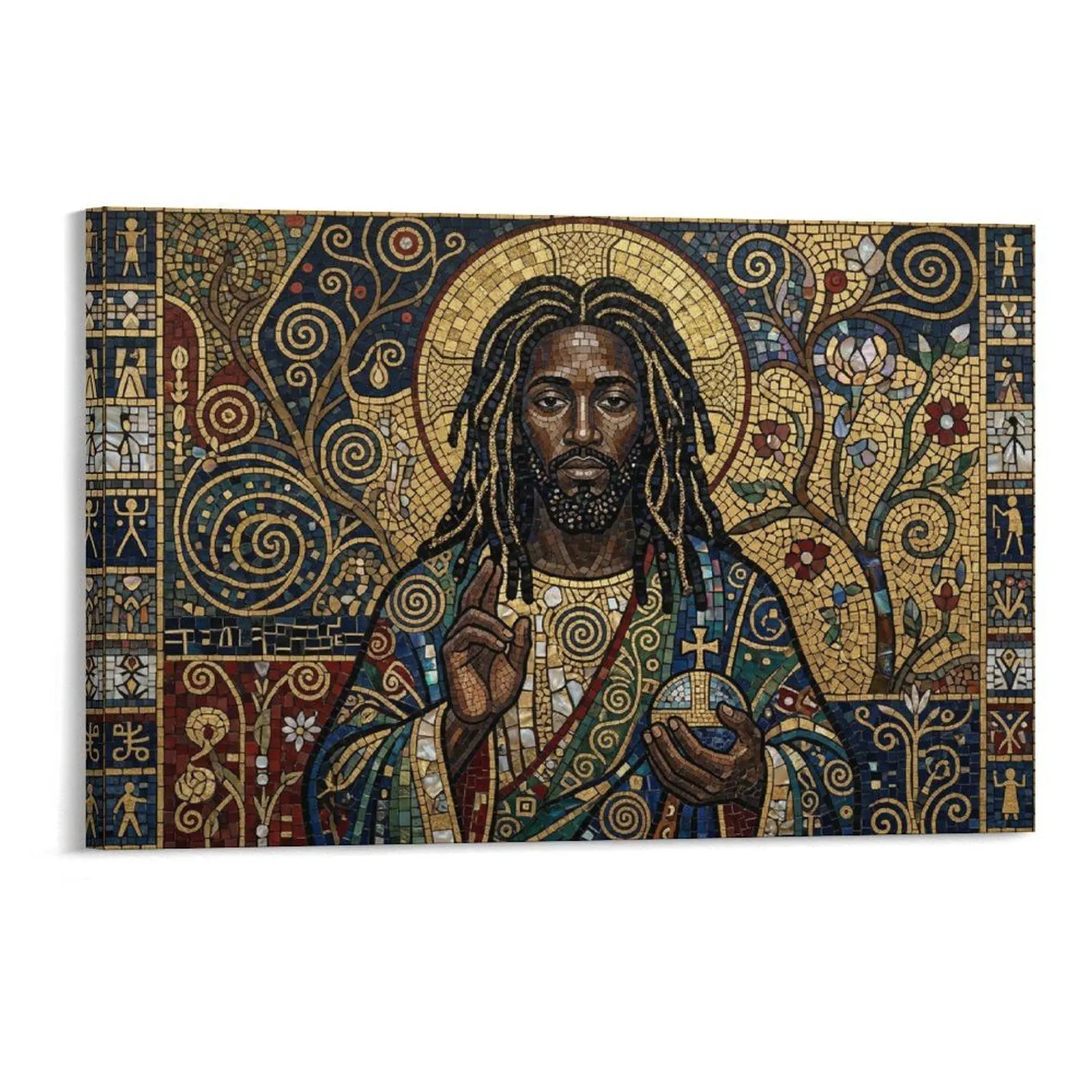 Byzantine-Inspired Black Jesus Mosaic Wall Art - Religious Tile Decor with Halo, Dreadlocks, Cross-Orb, Gold-Blue Tiles, Wall Decor Ideas for Home, Church