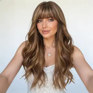 Loni Plus -DWY New Technology! Bionic Silk Top 24-Inch Long Wave Light Brown Glueless Synthetic Wig with Bangs for Women High-Quality Premium Fiber Easy Wear Comfortable Fit
