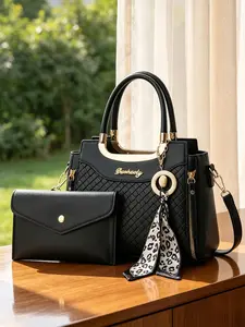 3-piece exquisite women's handbag set, Handbag Combo, Top Handle Handbag, high-quality rhombus woven design, decorated with leopard print silk scarf, large-capacity shoulder bag