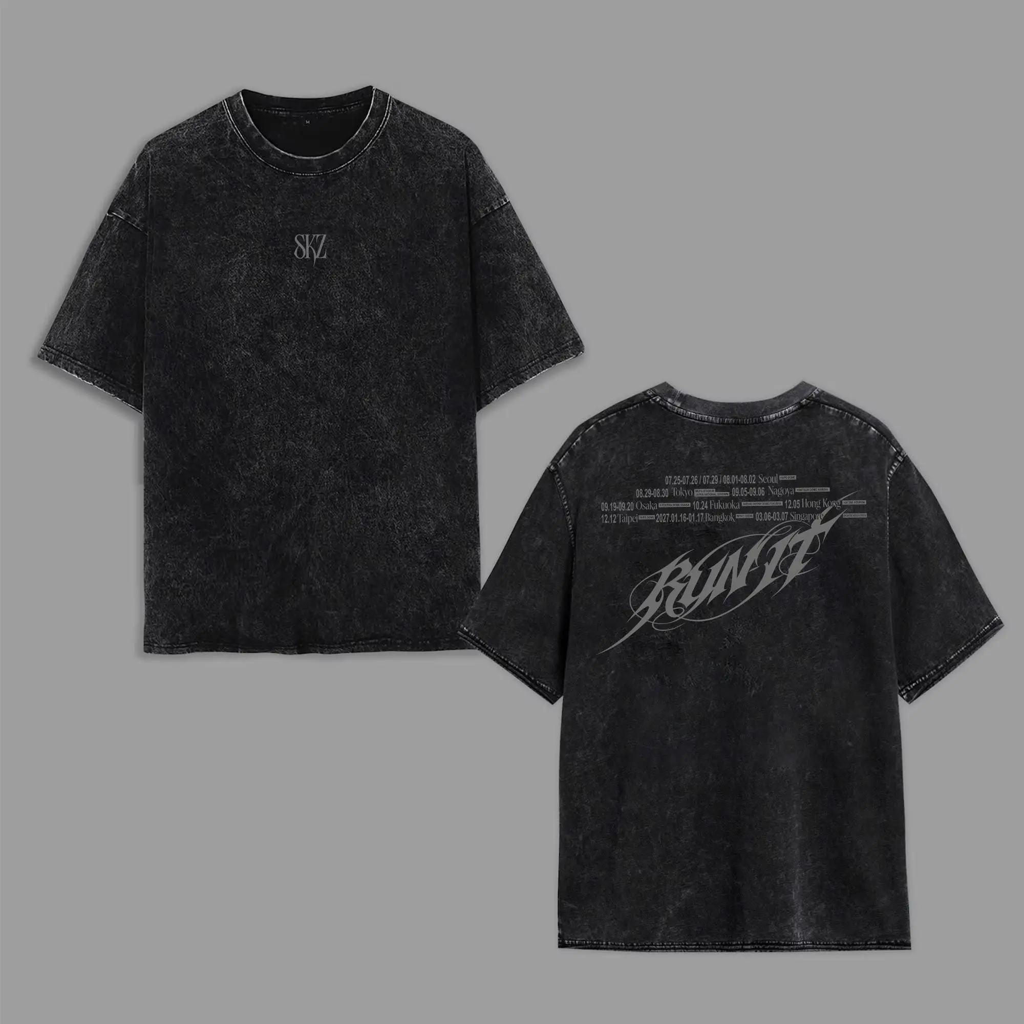 Vintage Washed SKZ Run‑It Tour Front‑Back Printed T‑Shirt, Relaxed‑Fit Breathable Unisex Casual Top, Kpop World‑Tour Schedule Merch for STAY Fans