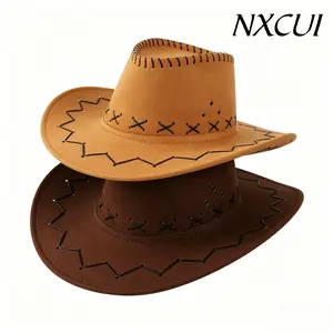 NXCUI Western Cowboy Hat for Adults & Kids, Faux Suede Wide Brim Sun Hat with Chin Strap, Cowgirl Cowboy Costume Hat