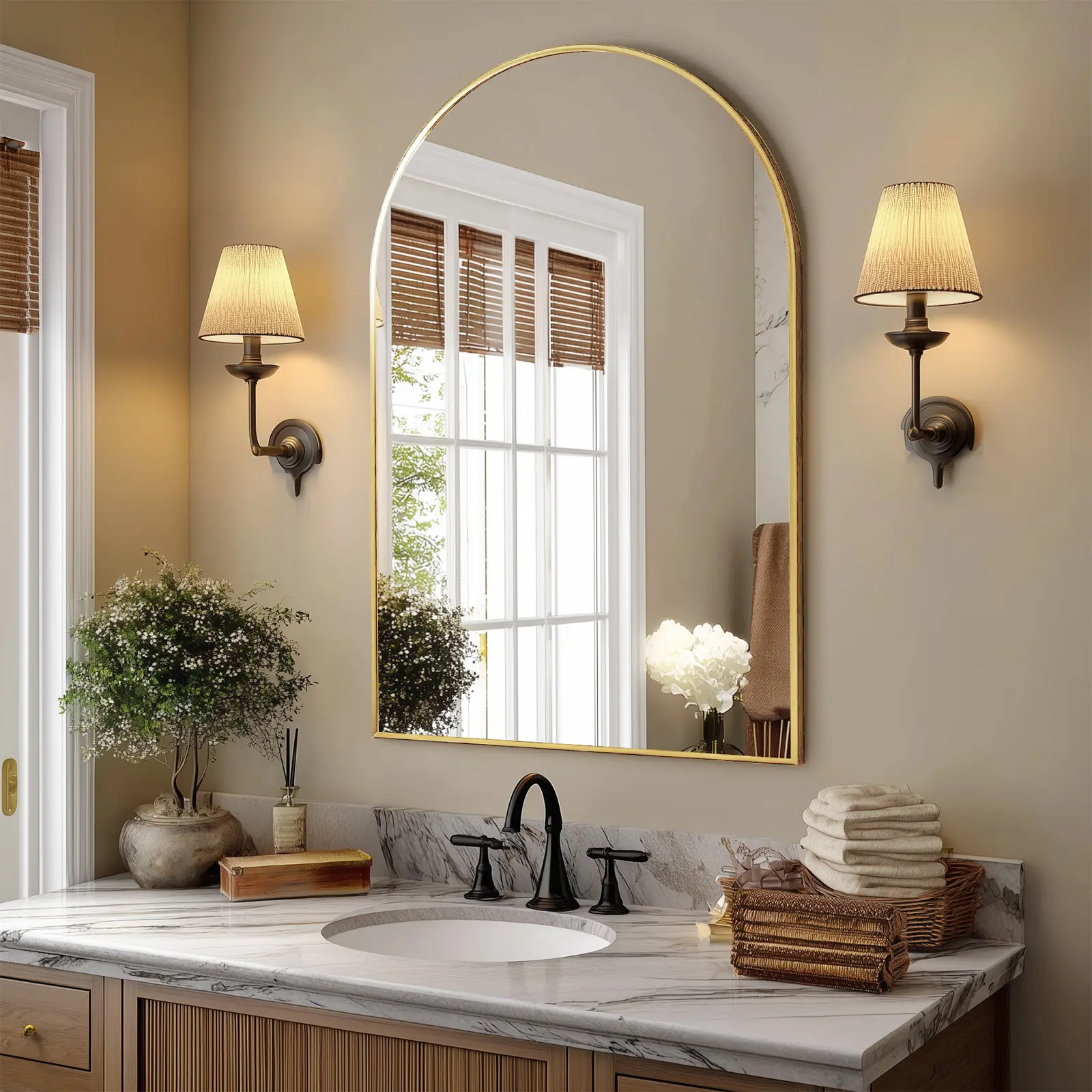 26"x38" Arched Metal Framed Bathroom Mirrors for Wall  Hanging Mirror Glass Mirror Modern Wall Decor For Bedroom Entryway