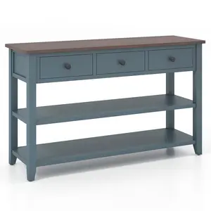 COSTWAY - 50 Inch Entryway Table Narrow Long Sofa Table with Drawers and Shelves-Dark Blue