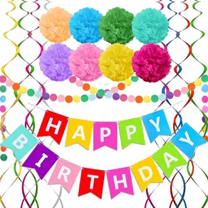 Rainbow Colorful Birthday Decorations, Happy Birthday Banner With Pom Poms, Paper Circle Garland & Swirl Streamers For Girls' and Women's Party Supplies