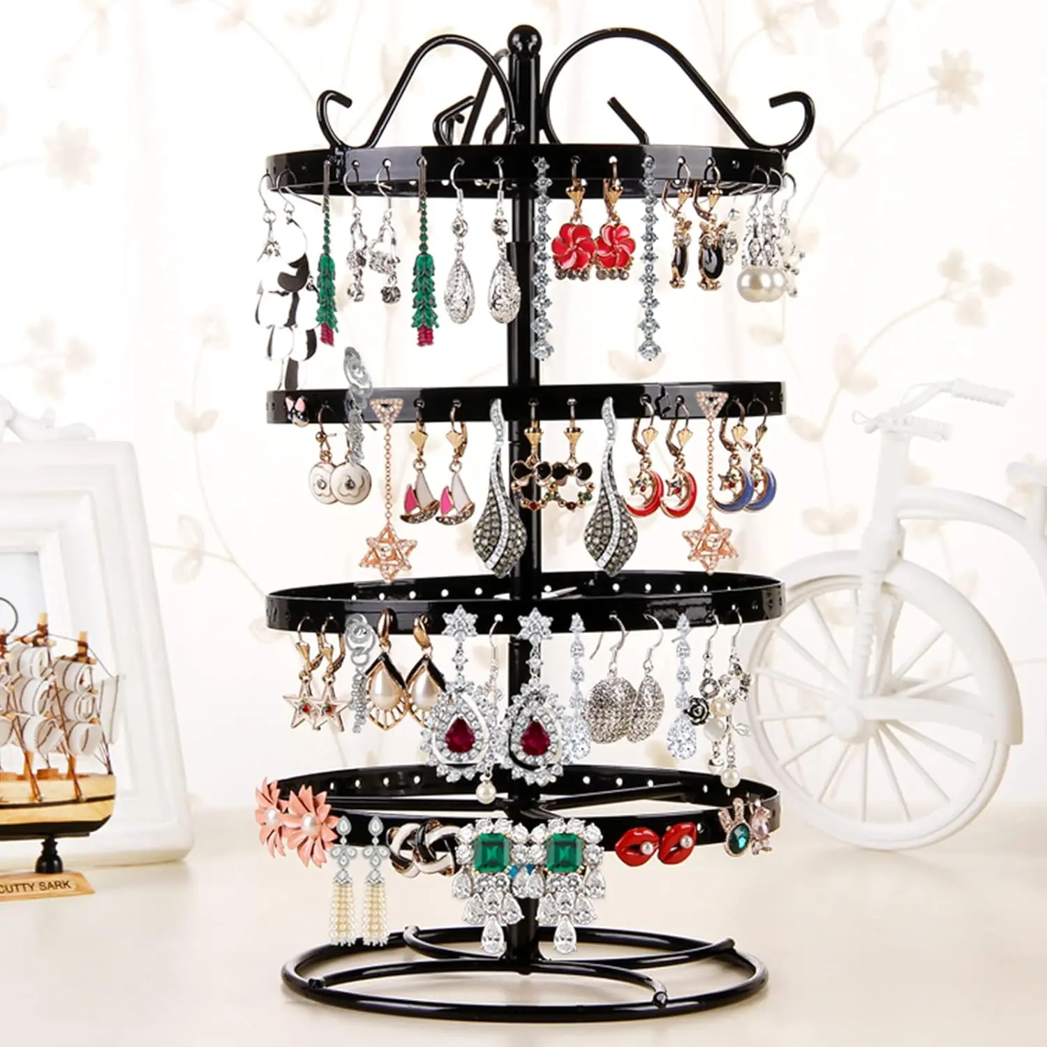 Shiny Stainless Metal 360-Rotatable 4-Layer 168-Hole Earring Holder, Musical Jewelry Box for Girls, Travel Home Organizer Storage Bin - Black, Baking, 360 Rotatable Jewelry Boxes & Organizers