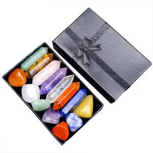 Chakra Crystals Collection Kit with 14 PCS Tumbled Stones and Crystal Point Wands Gift Box - 7 Chakra Set Healing Quartz Gemstones Positive Energy Reiki