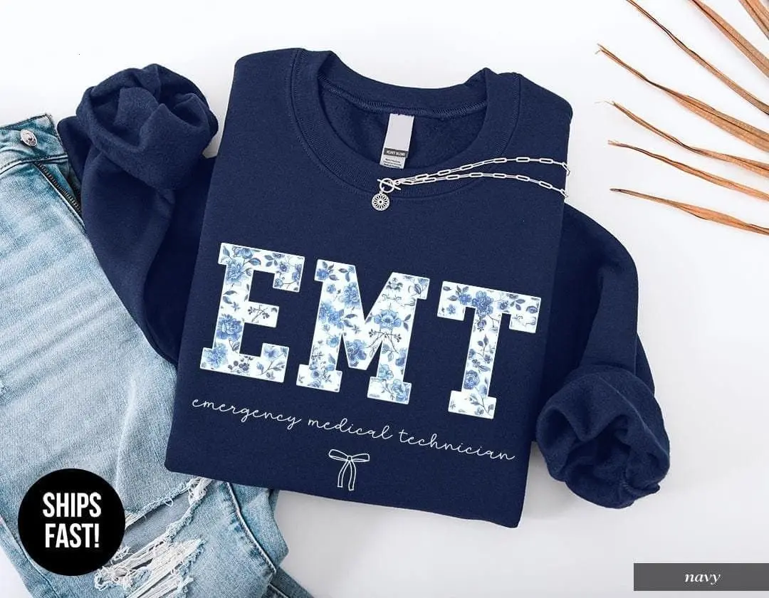 Women's EMT First Responder Hoodie - Unisex Casual Cotton Breathable Tops Apparel, Classic Graphic Soft Fleece Pullover with Blue Toile Print and Pocket, T-Shirt