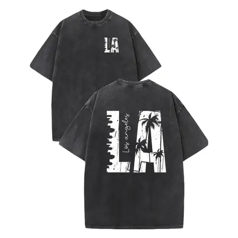 Women's Casual Oversized Graphic Tee - 230GSM Heavy Washed Cotton, Round Neck, Short-Sleeve, Double-Sided Retro California Palm Tree All Over Print, Loose Fit, LA City Vibes, Streetwear for Weekends/Outdoors, Tops for Women