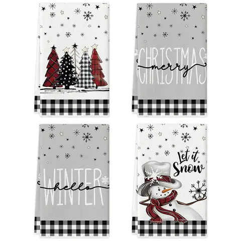 2/4pcs Christmas tea towel, black and white water buffalo checkered snowman Christmas tree kitchen towel, 15.7x23.6-inch winter decoration Quick Dry Towels