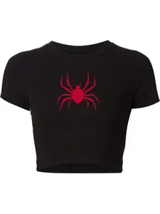 Women's Spider Print Round Neck Crop Tee, Fashion Casual Crew Neck Short Sleeve T-shirt for Daily Holiday Vacation Outdoor Wear, Ladies Clothes for All Seasons, Halloween, Graphic Top, Crew Neck Tops
