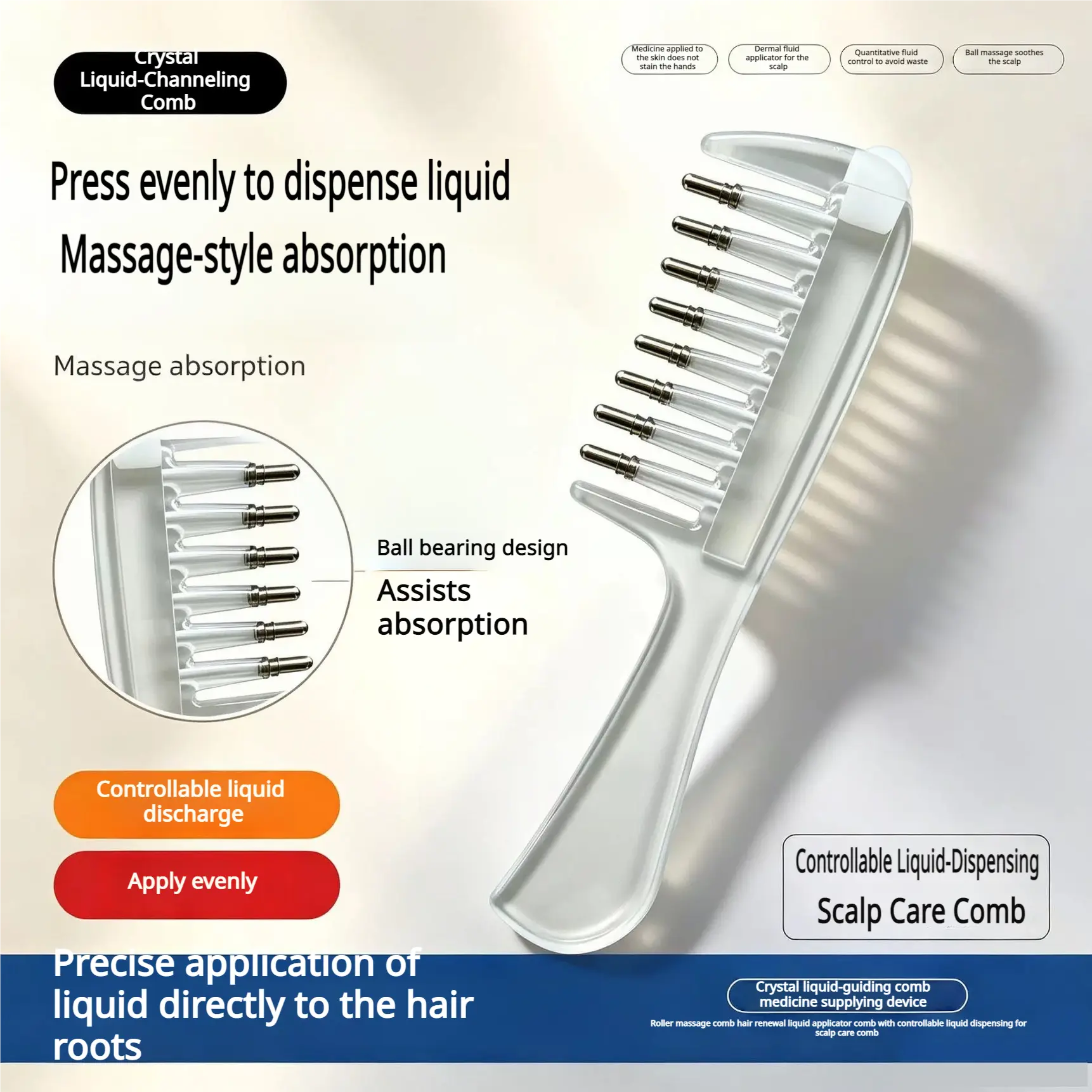 Crystal bead scalp liquid-guiding comb, controllable liquid delivery, topical treatment applicator for hair growth solutions, root serum scalp massage comb
