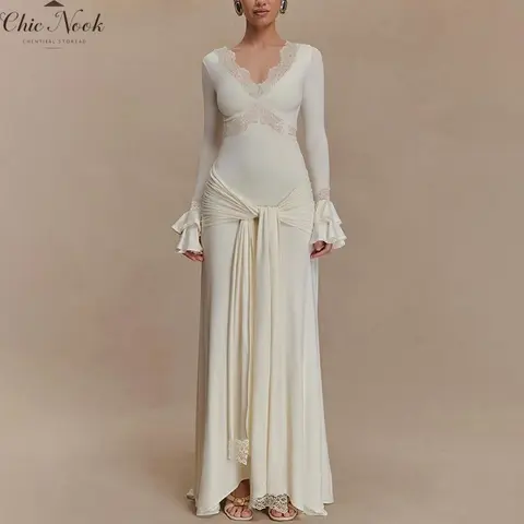Women's Fall Lace Long Dress Elegant Solid Color Long Sleeve V NeckFit Ruffle Dress for Daily Event Wear