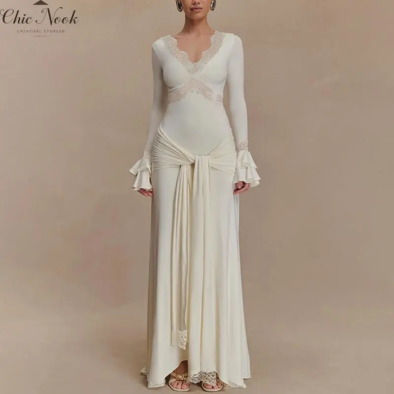 Women's Fall Lace Long Dress Elegant Solid Color Long Sleeve V NeckFit Ruffle Dress for Daily Event Wear Women's Fall Lace Long Dress Elegant Solid Color Long Sleeve V NeckFit Ruffle Dress for Daily Event Wear