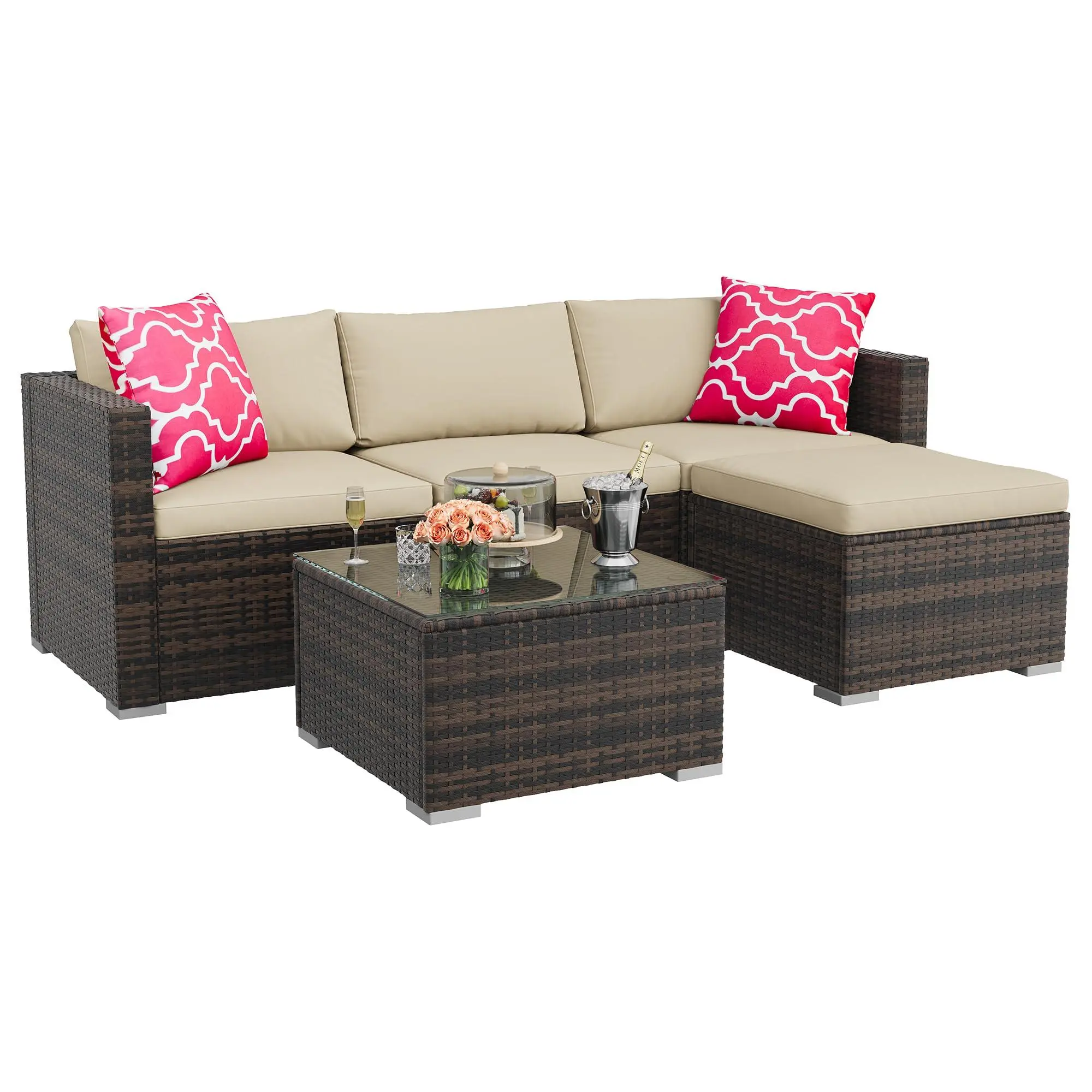 Gaomon 5-Piece Waterproof Outdoor Furniture Set - L-Shaped Brown Wicker Sofa Sectional Couch with Iron Frame, Khaki Cushions, Red Throw Pillows, Glass Coffee Table for Backyard Relaxation, Back Porch, Deck Ideas