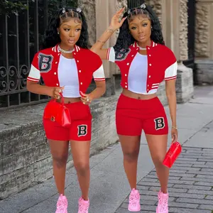 Women'S Baseball Jacket and Shorts Set - Red & White with "B" Letter Print, Casual Two Piece Outfit, Short Sleeve Baseball Shirt with Pocket, Machine Washable, Spring/Summer/Fall Wear