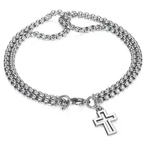 Men's Fashion Double Chain Cross Hollow Wrist Bracelets Lobster Claw Clasp Stainless Steel Bracelet Hip Hop Punk Party Jewelry