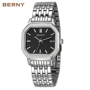 BERNY Men's Silver Watch – High-Quality Vintage-Style Square Quartz Wristwatch, All Stainless Steel, Super Luminous, 3ATM Waterproof, Stylish Business Men's Watch, Perfect Gift for Men, Reloj de Hombre, Easter Gift