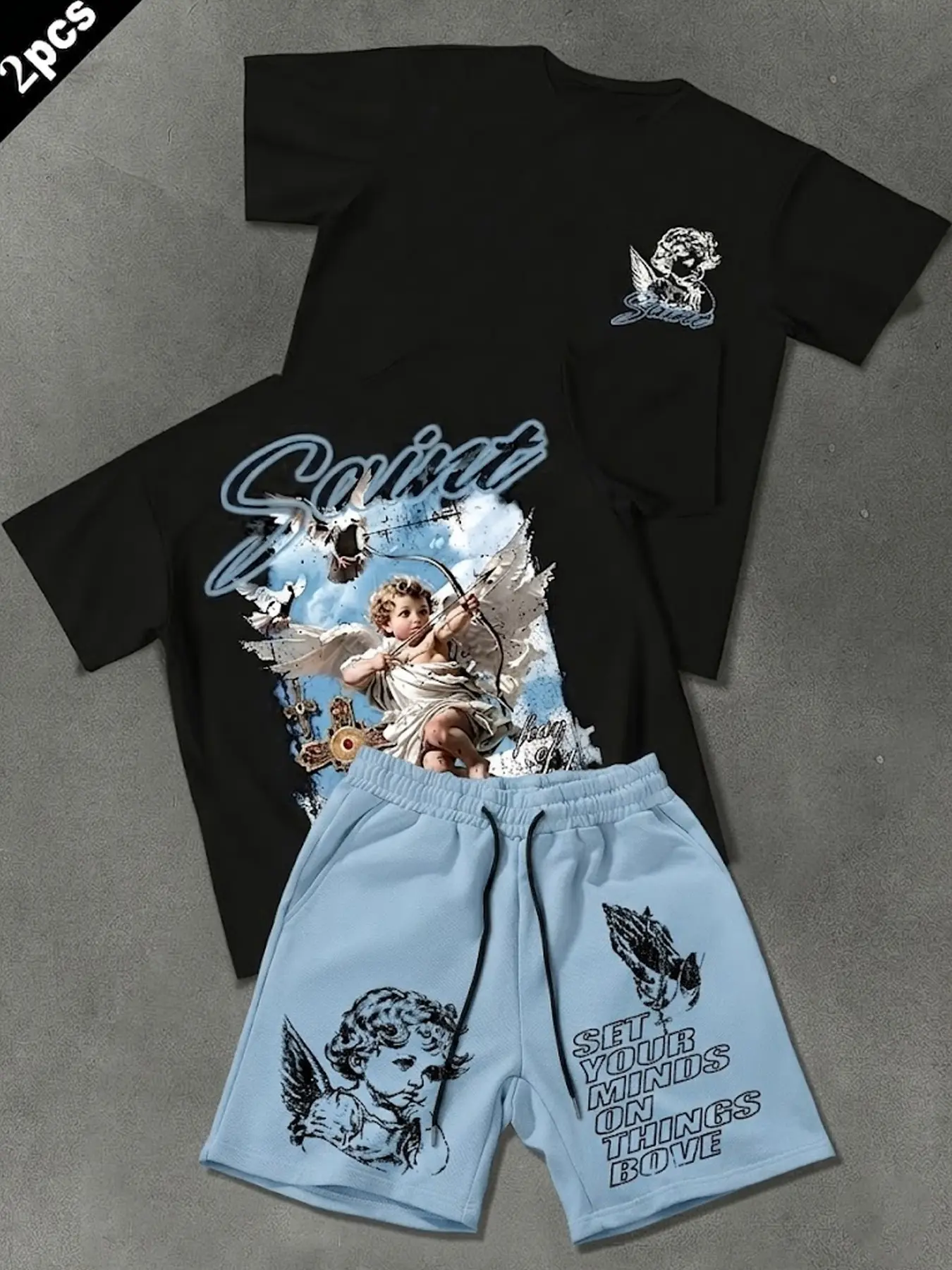 Y2K Aesthetic Angel Print Crewneck Round Neck T-Shirt & Shorts 2-Pack Matching Outfits Set, Loose Fit Casual Set, All-Day Comfort, Breathable Fabric, Versatile Streetwear Outfit for Men, Daily Wear, Street, and Gym