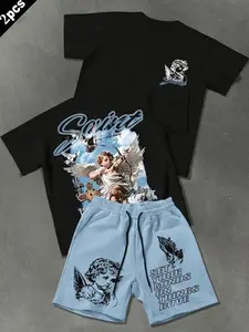 Y2K Aesthetic Angel Print T-Shirt & Shorts 2-Pack, Relaxed Fit Casual Set, All-Day Comfort, Breathable Fabric, Versatile Streetwear Outfit for Men, Daily Wear, Street, and Gym