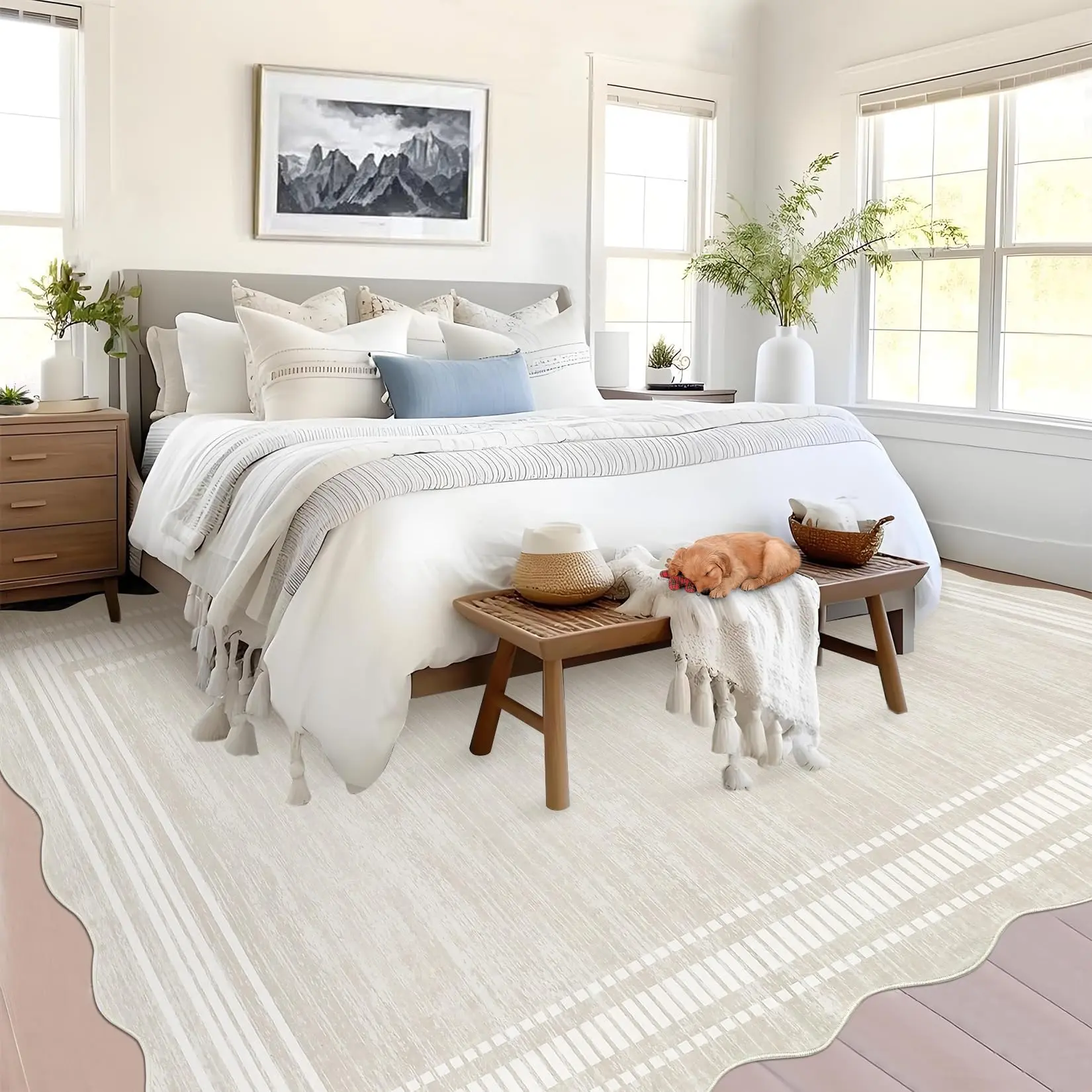 GARVEE Scalloped 9x12 Area Rugs for Living Room Modern Neutral Washable Rugs for Bedroom Large Solid Farmhouse Carpet Abstract Bordered Carpet for Bedroom Apartment Table Dorm Nursery, Cream 9x12