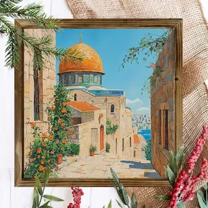 2D flat design, charming Ramadan Islamic summer mosque themed art wooden sign, 8x8inch, framed Islamic architectural decoration, religious home decor, suitable for bedroom and living room, ideal holiday gift