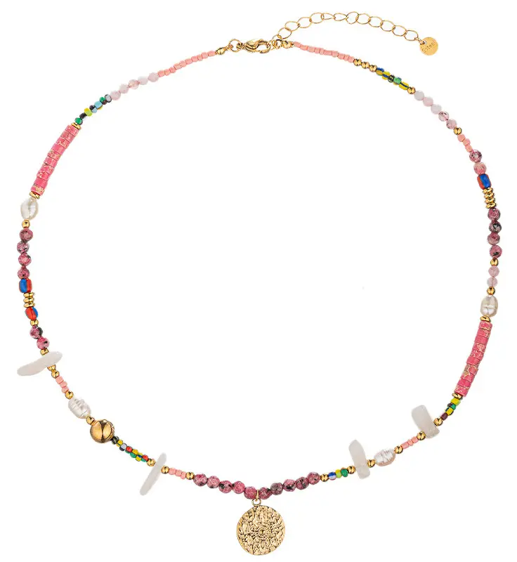 ZELESTE Helena Pink Gemstone Necklace White Crystal Pearls Sun Pendant Bohemian Natural Stone Beautiful Lively Colorful Pendant Birthday Gift