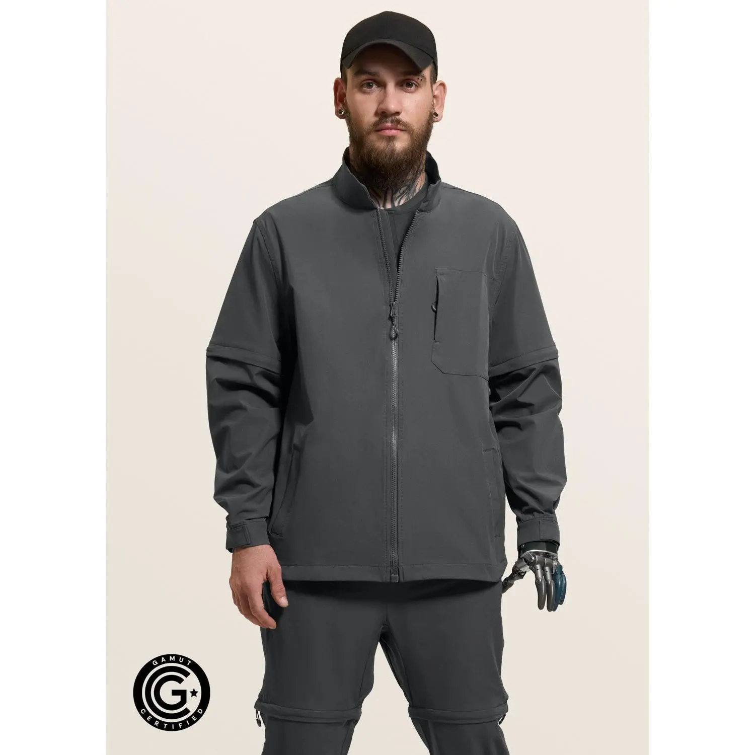Men's Convertible Magnetic Utility Shirt, Menswear Tops with Adjustable Sleeves, Unisex Jacket Alternative for Casual Wear, Stylish, Removable Sleeves, Adaptive Fit, One-Handed On