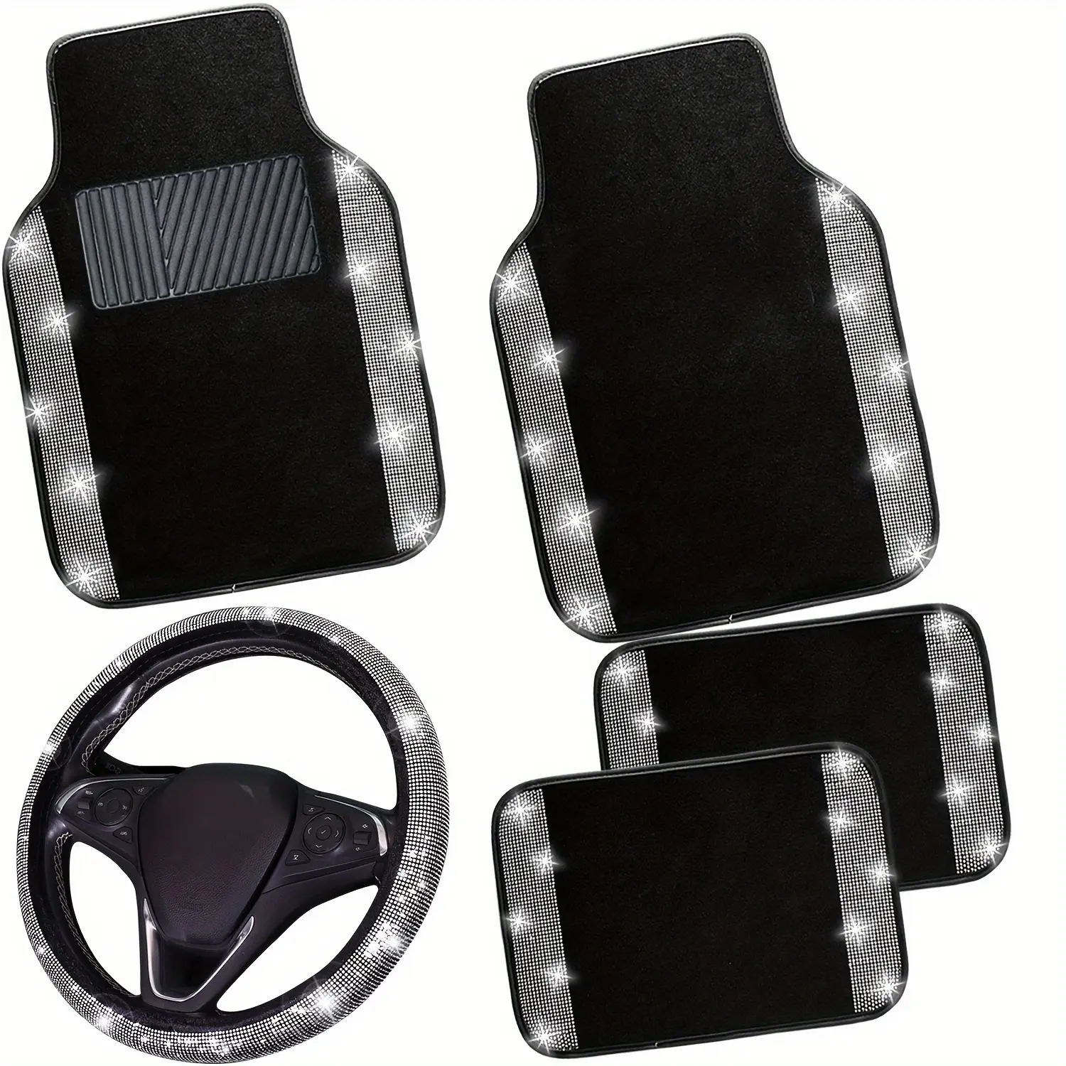 NBTEPEM Women's Bling Sparkle Car Accessories Set - Glitter Fabric Rhinestone Steering Wheel Cover, 4-Pcs Waterproof Anti-Slip Floor Mats with Pad, Universal for SUVs Trucks, Easy to Install & Maintain, Glamorous Look Girly Car Interior Upgrade Picks