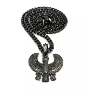 Hematite Black Plated Egyptian Horus Bird Pendant & 5mm 24" Box Cuban Chain Hip Hop Necklace Jewelry Unisex Men Women