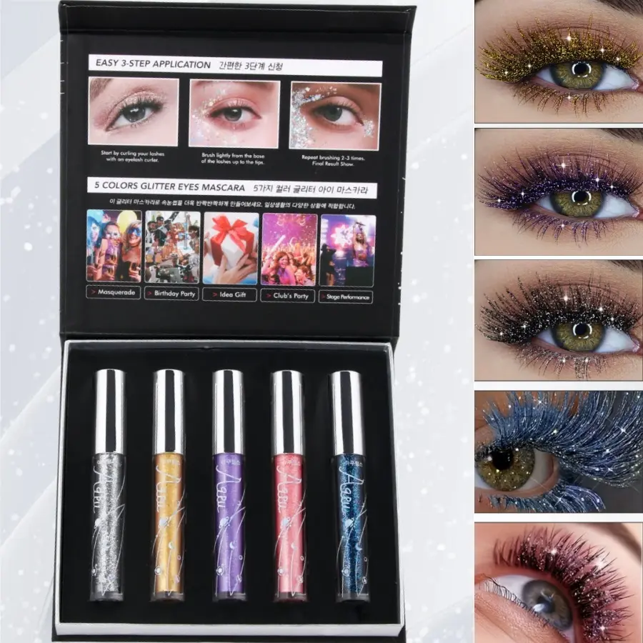 5 Color Sparkling Diamond Mascara Set, Eyelash Beauty Mascara, Curl & Lengthen Lashes Tool, Eye-Catching Makeup, Perfect for Holiday Parties, Stage Makeup, Christmas Gifts, Eyelashes Mascara