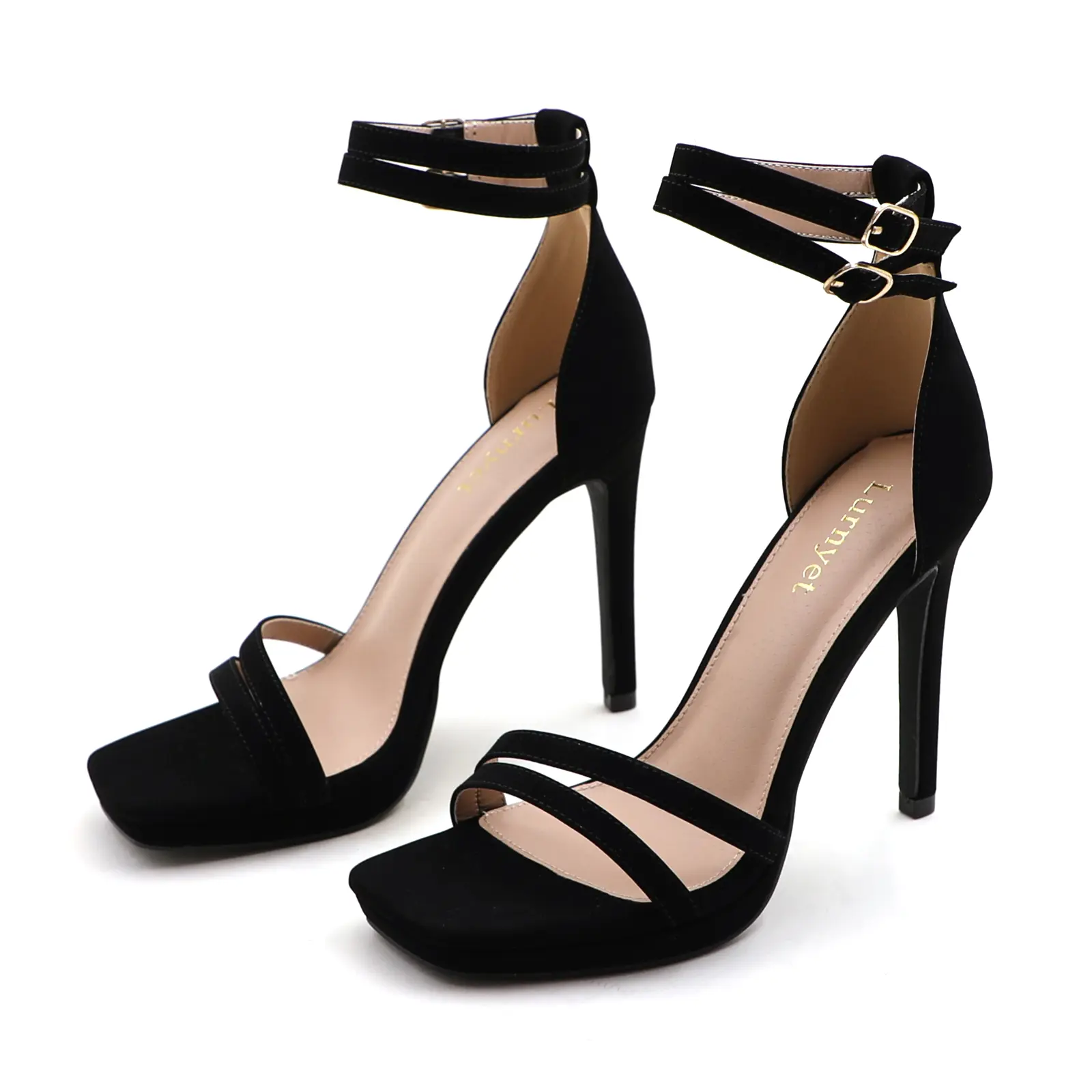 Women's Sexy High Heels Platform Sandals Strappy Square Open Toe 4-inch Stiletto Heel Footwear with Adjustable Ankle Strap Girl Fashion Elegant Comfortable Summer Casual Dress Heeled Shoes for Wedding Party Prom Daily Wear
