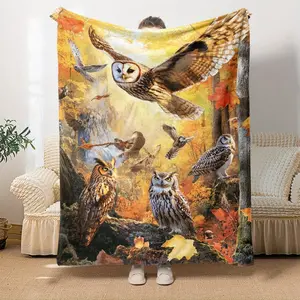 Owl Forest Print Fleece Blanket - Lightweight Flannel Throw, Digital Printing, Soft Polyester Fabric, RV Interior Decor, Ideal Family Gift, Suitable for Sofa & Bed