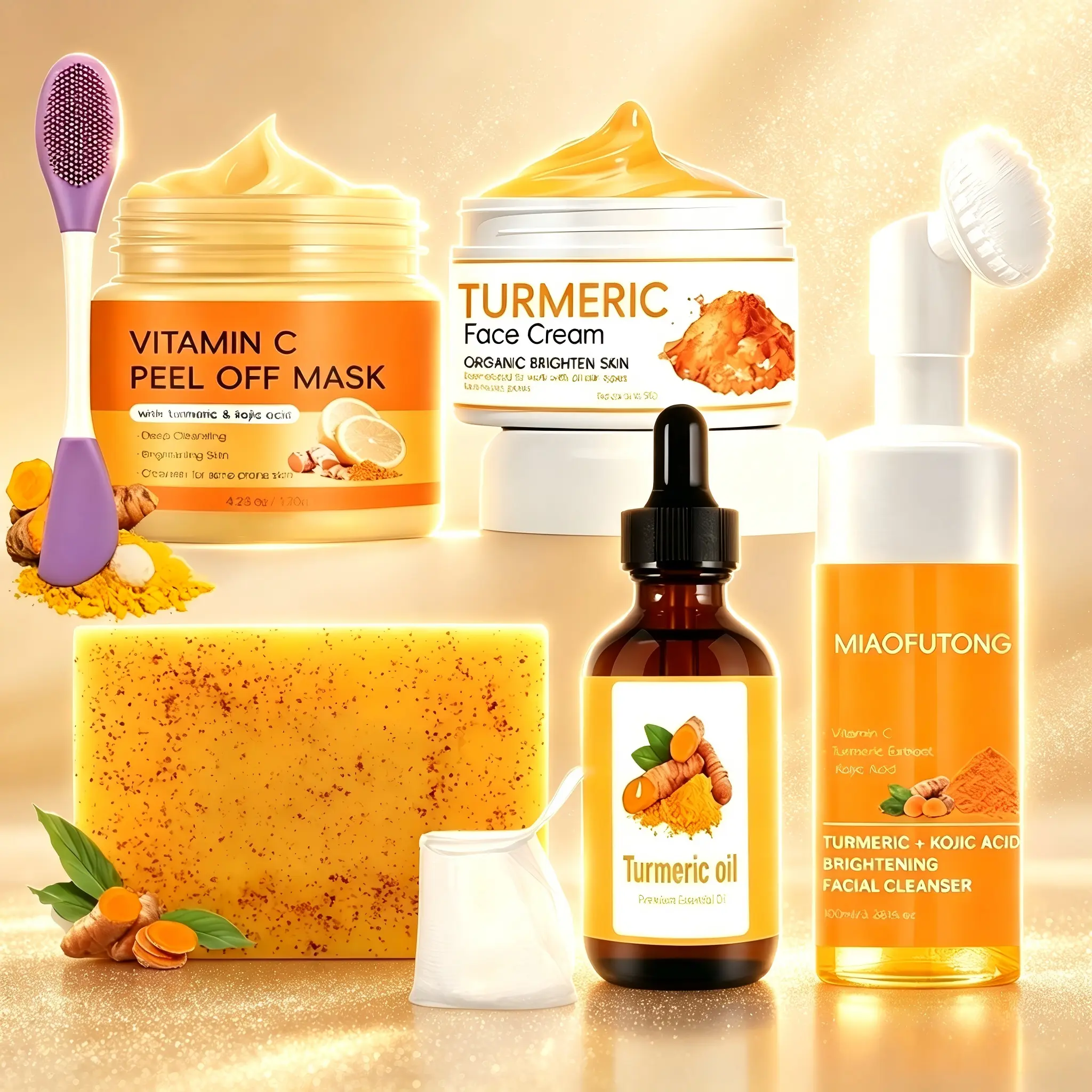 Turmeric 6-Piece Skincare Set with Massage Cleansing Brush – Includes Turmeric Clay Mask, Turmeric Mousse
