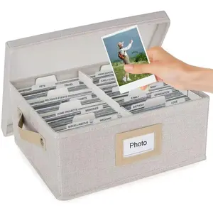 Photo Storage Box, Linen Photo Organizer with Handles, Decorative Storage Box with Dividers for 4" x 6" Photos, Memory Box Keepsakes Holds Up to 1,700 Pictures, Postcard, Scrapbook Storage Containers