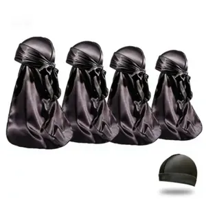 4PCS Silky Durags for Men Women 360 Waves with 1 Wave Cap, Silky Satin Durag Extra Long Tails