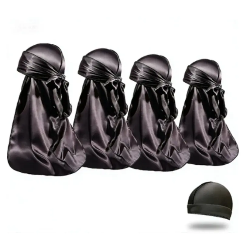 4PCS Silky Durags for Men Women 360 Waves with 1 Wave Cap, Silky Satin Durag Extra Long Tails Head Wraps