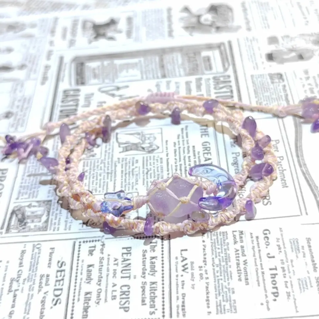 Women's Invisible Natural Crystal Beads Bracelet - Handmade Stackable Galaxy Purple Braided Cord with Double Overlap - Charming Valentine’s Day Gift for Girlfriends, Gift Idea