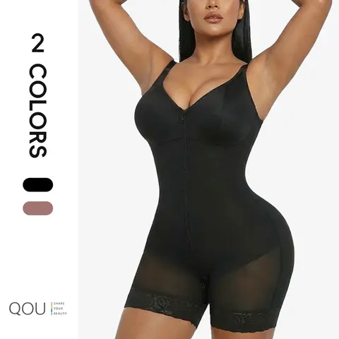 QOU Women's V-Neck Lace Leg Trim Panty Shaper Bodysuit - Soft Compression Faja for Tummy Control, Butt Lifting, Wedding, Thanksgiving, Chinese New Year with Zipper Crotch Black Short