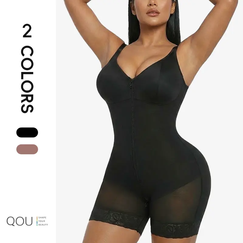 QOU Fajas Shapewear Bodysuit V-Neck Tummy Control Butt Lifting Lace Leg Band Stretchy Short Bottom with Zipper Crotch Adjustable Straps for Ladies waist trainer body shape, Breathable faja body shaper summerwins,BBL,Postpartum, Post-Surgery Womenswear