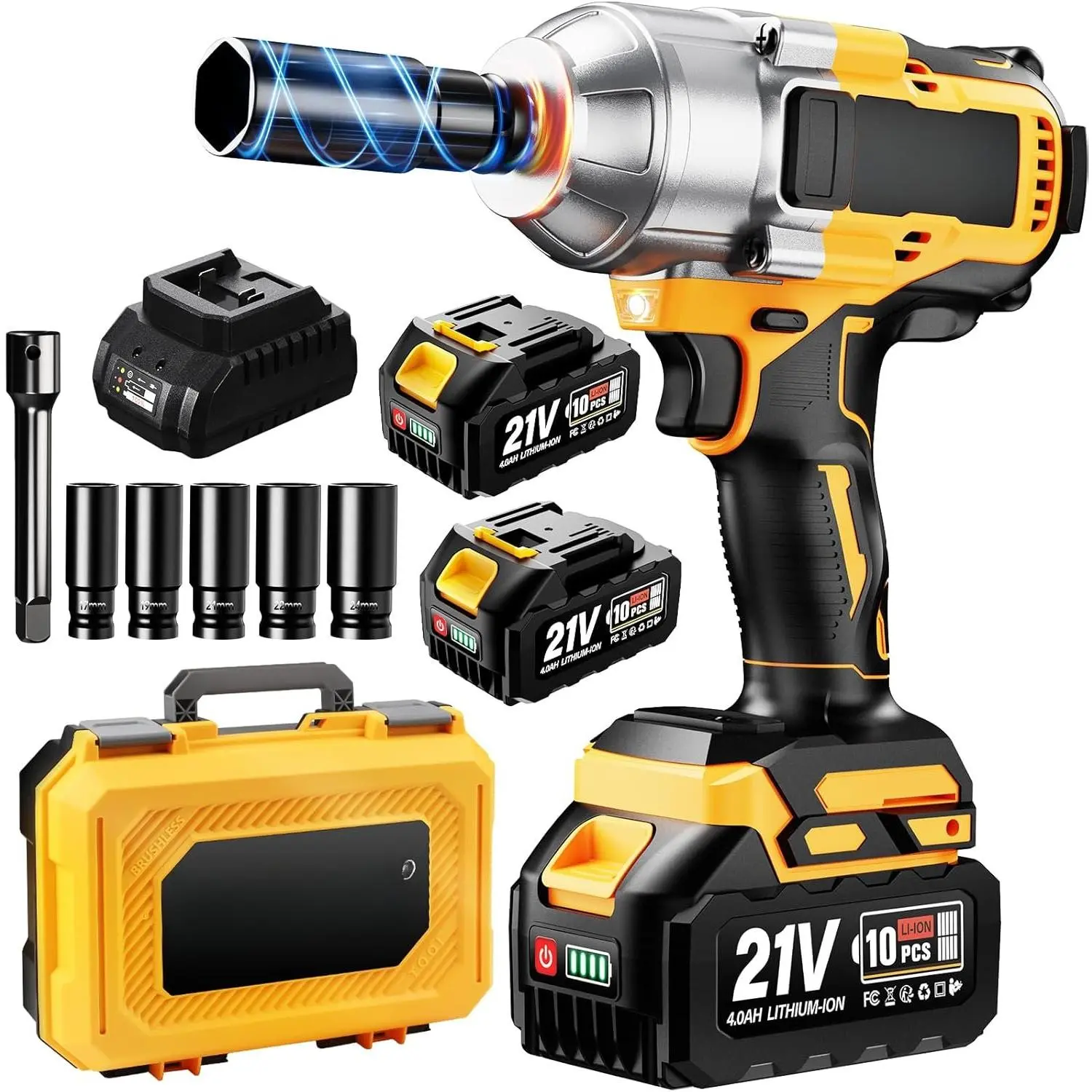 1/2 Inch Brushless Power Wrench, 958Ft-lbs (1300N.m) High Torque, 3500RPM, 2x4000mAh Batteries, Charger & 5 Sockets, Electric Wrench for Pickup, Mower