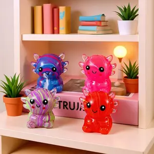 Cute Axolotl Stress Toy 4-Pack - Hydro Dipped Marble Sensory Fidget for Anxiety Relief, Kawaii Crystal Jelly Squeeze Monster for Kids Teens & Adults, Aesthetic Minimalist Desk Decor Mascot, Unique Good Vibes Birthday Gift & Party Favors