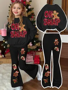 Girls' Christmas Fitted Set, Letter Print Round Neck Sweater & Snowman Pattern Bell Bottoms, Casual Fall Winter, Fashion Clothes Set