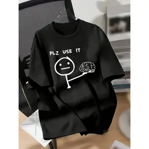 Women's Casual Graphic T-shirt - "Please Use" cartoon brain design, Spring/Summer casual short-sleeved T-shirt, women's wear, casual crew neck, polyester knit fabric, regular length, suitable for all seasons, four seasons clothing | humorous print