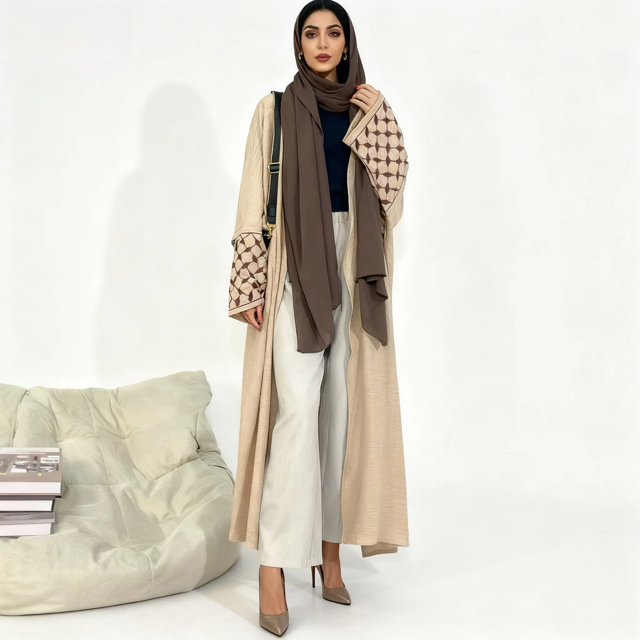 CL47 Modest Linen Abaya With Belt,  Classic Solid Color Elegant Casual Dignified Humble Simple Long Abaya Shawl, Elegant and stylish, unique design Muslim Arab Women Clothing Beige Chic abaya
