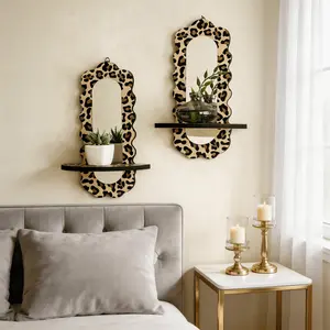 Wooden Round Lattice Shelf with Leopard Acrylic Mirror, Handcrafted Smooth Texture, Eco-Friendly, Decorative Storage, Cozy Corner Design